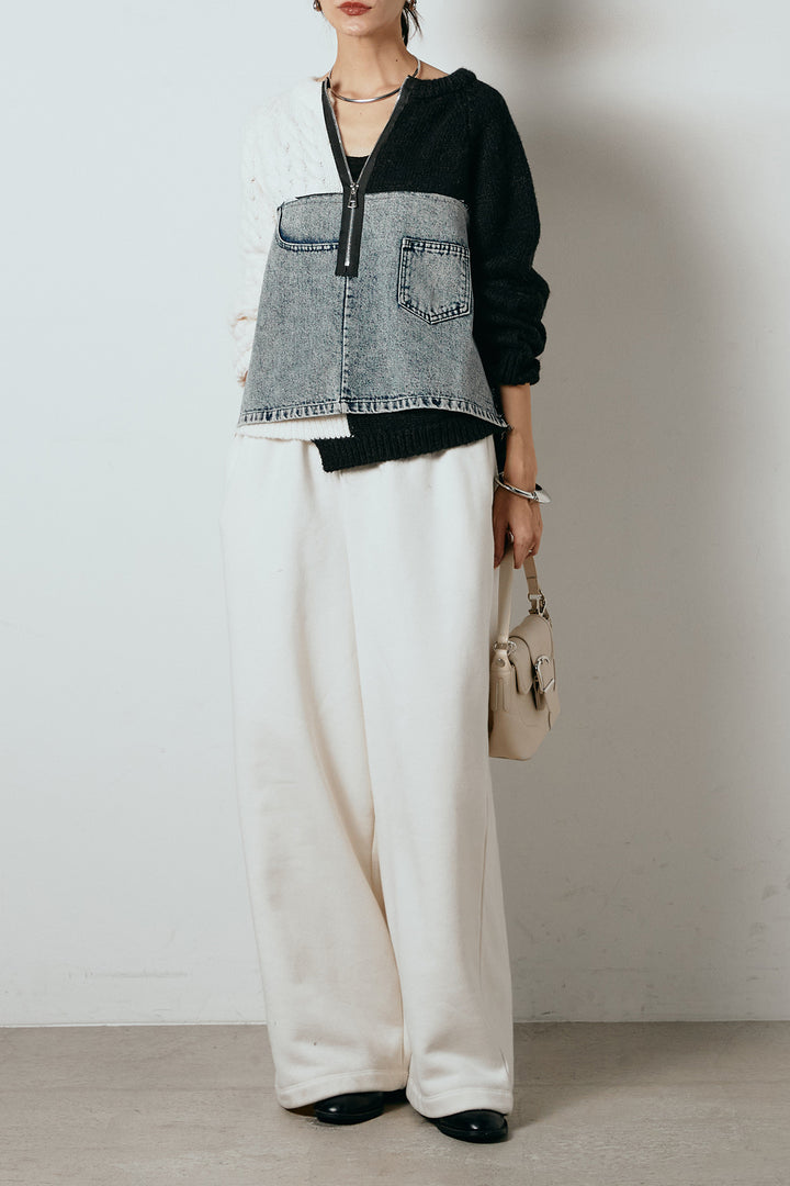 [SET]ハーフジップニットデニムドッキングトップス+裏起毛スウェットワイドパンツ(2set)