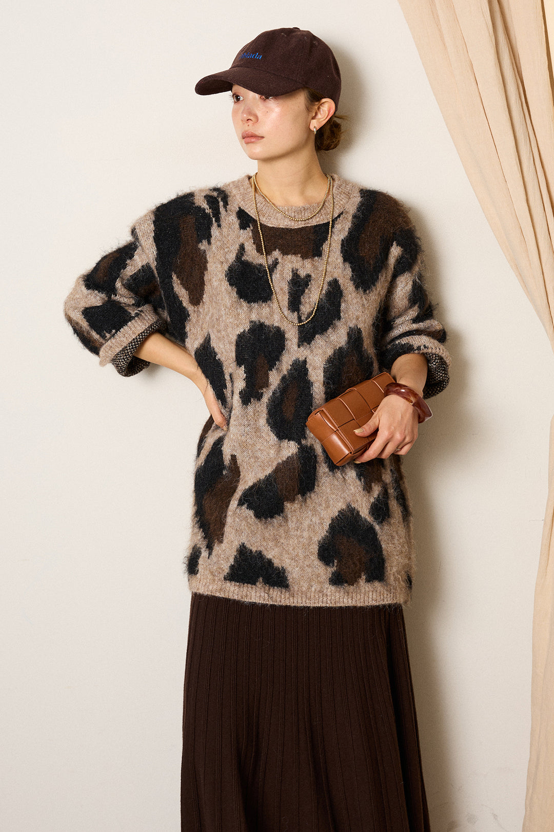 [SET]ルーズアニマルモヘアニットトップス+編み地切り替えフレアニットスカート(2set)