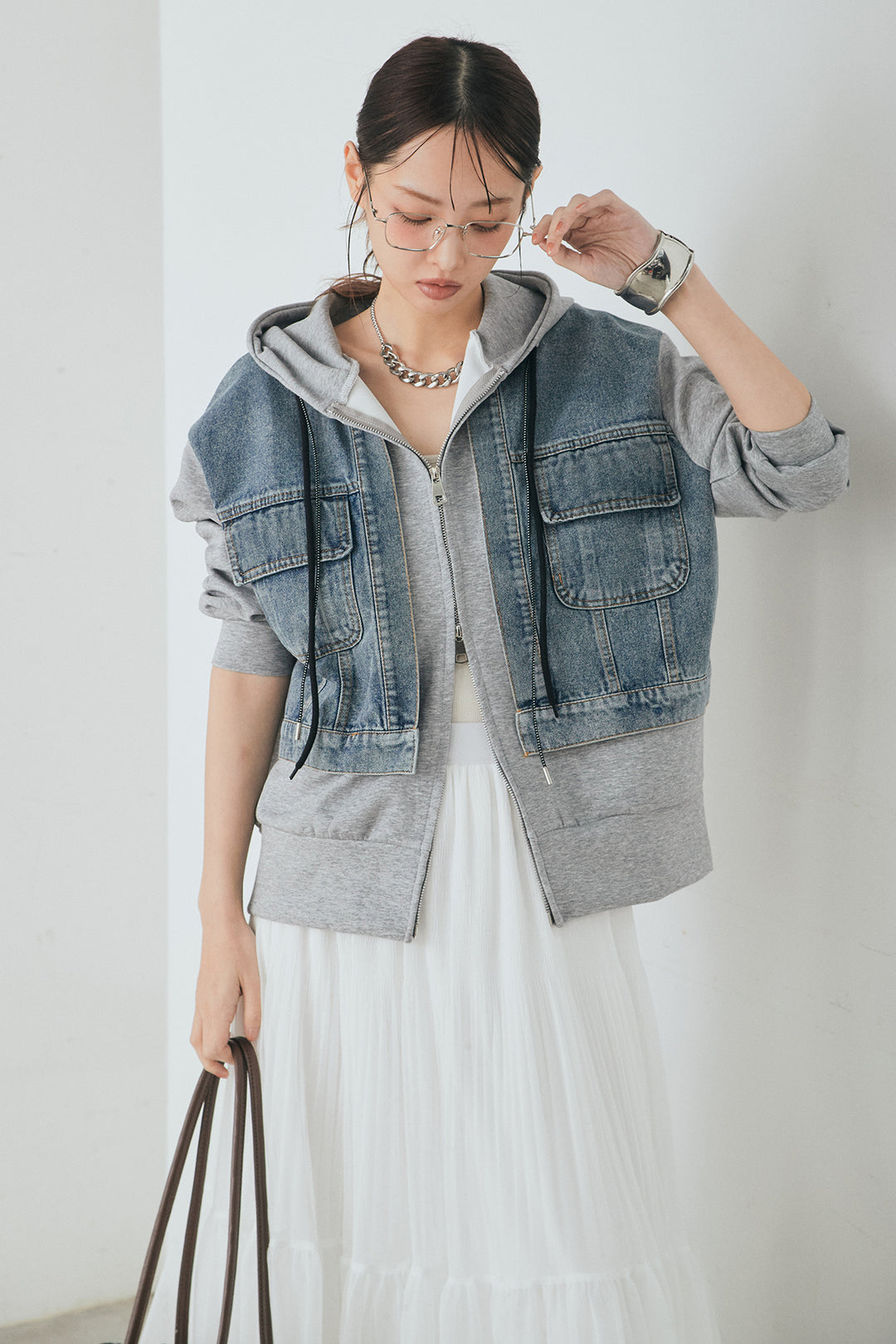 [SET]デニム切替ポンチダブルジップパーカー+ボリュームシルエットチュールスカート(2set)