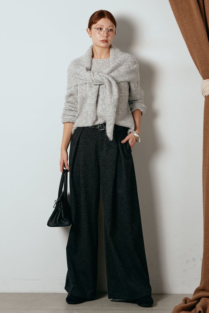 [SET]スカーフ付きミックスニットトップス+細ベルト付き起毛タックワイドパンツ(2set)