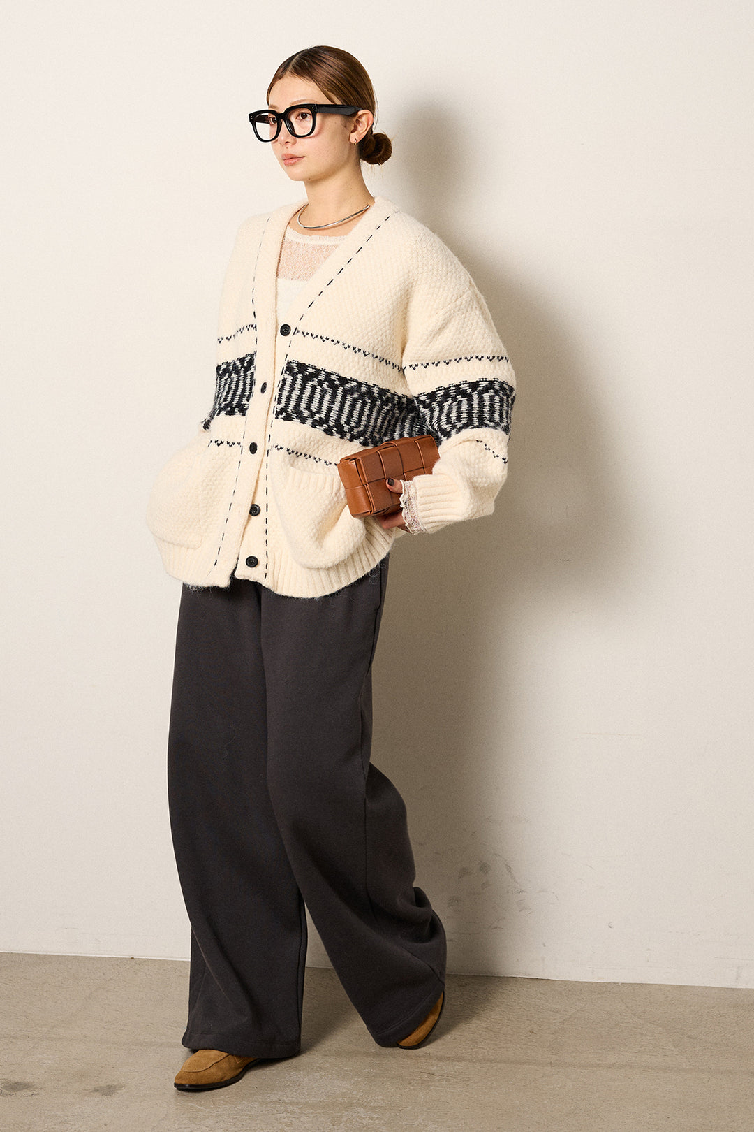 [SET]ライン柄ステッチニットカーディガン+2WAY袖コード刺繍クルーネックプルオーバー+裏起毛スウェットワイドパンツ(3set)