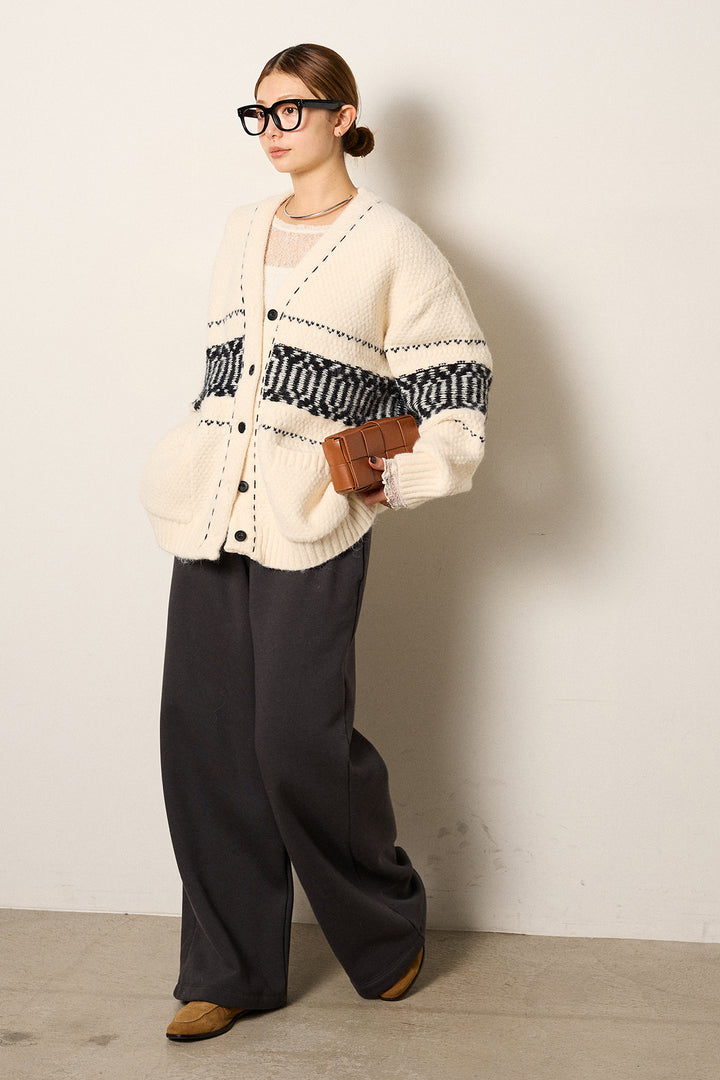 [SET]ライン柄ステッチニットカーディガン+2WAY袖コード刺繍クルーネックプルオーバー+裏起毛スウェットワイドパンツ(3set)