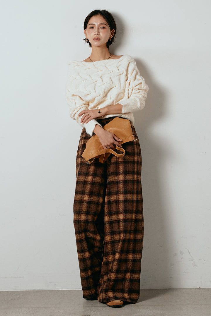 [SET]ボートネックニットトップス+ルーズタータンチェックワイドパンツ(2set)