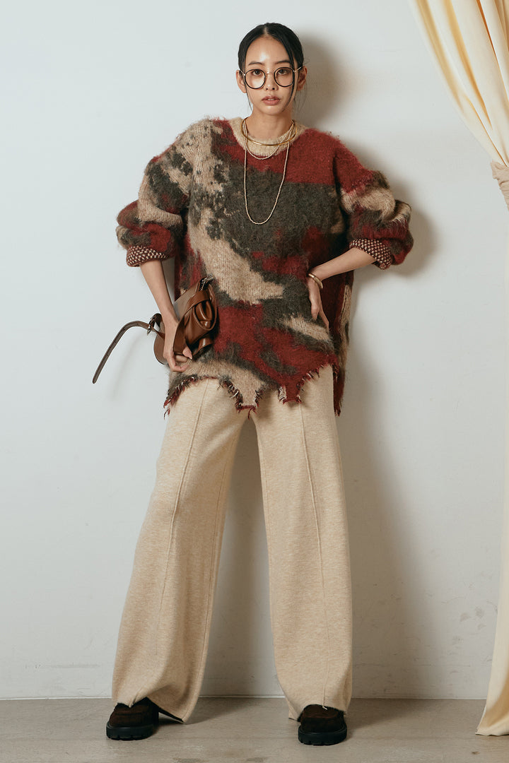 [SET]起毛裾デザインニュアンス柄ニットトップス+センターラインニットパンツ(2set)