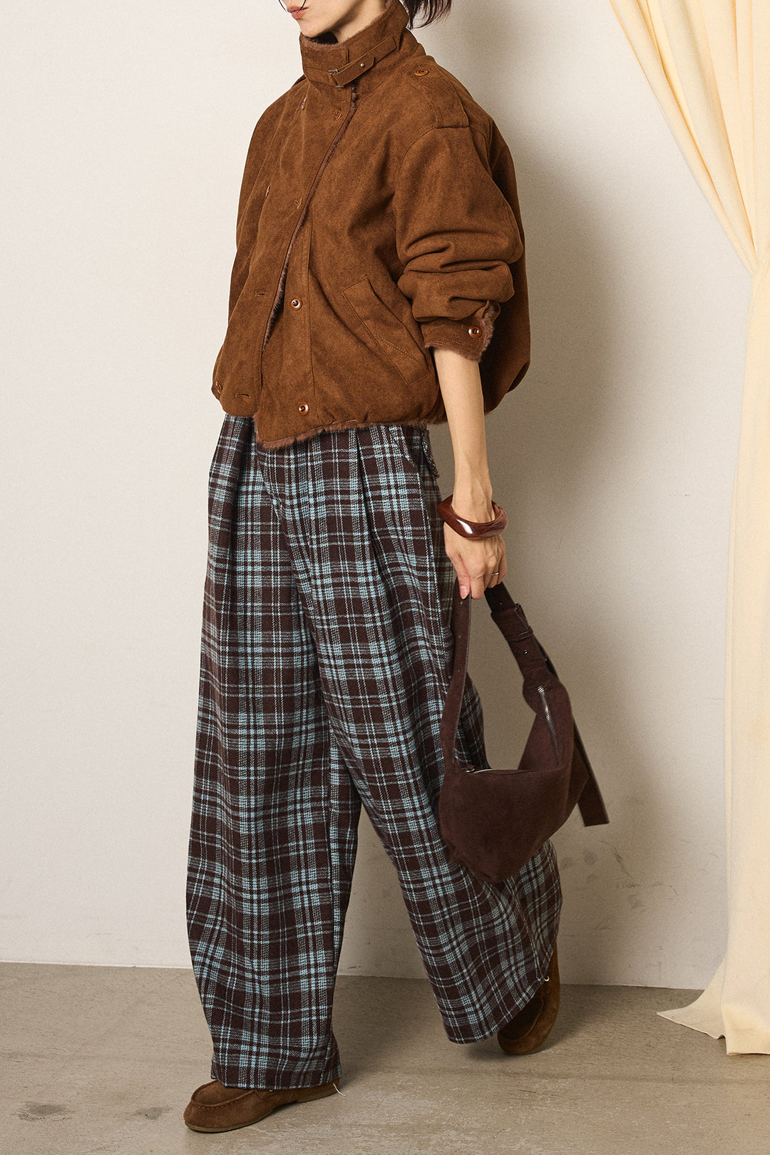 [SET]スタンド襟スウェードライクアウター+スタッズデザインベルトタータンチェックパンツ(2set)