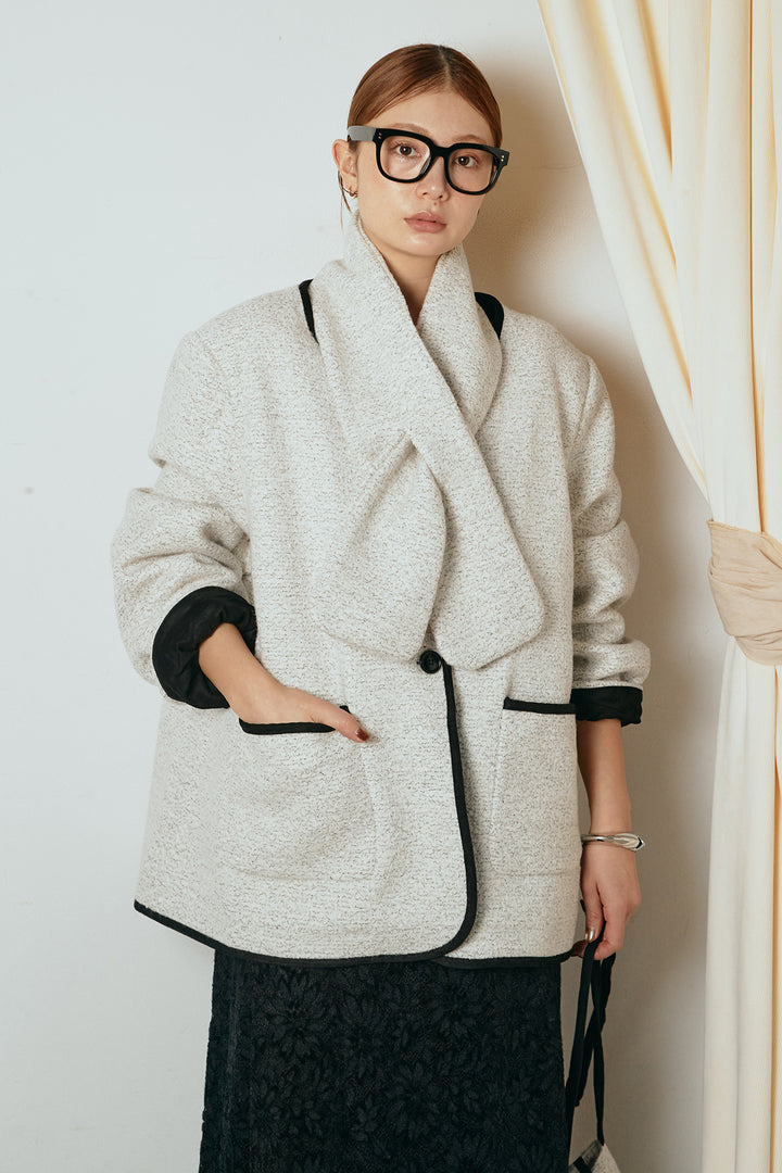 [SET]ノーカラーマフラーバッグ付きアウター+花柄刺繍ベロアフレアスカート(2set)