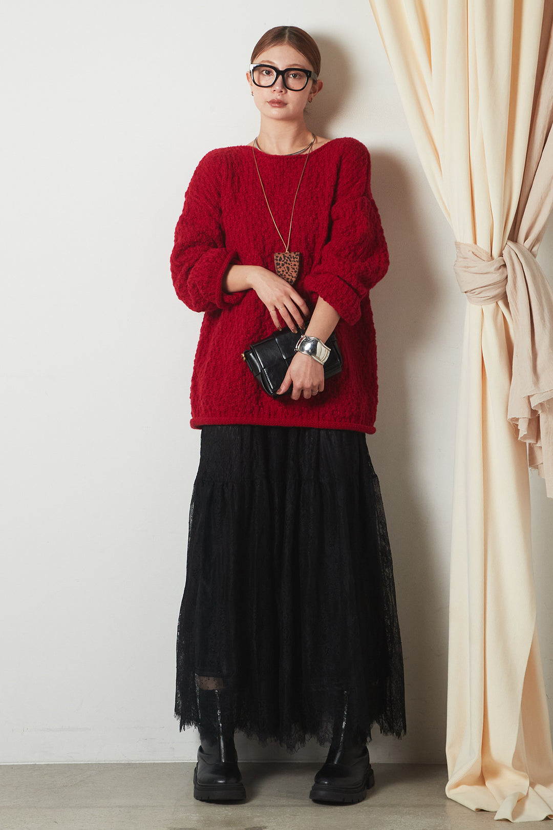 [SET]ボリューム編みニットプルオーバー+ひげレース切替ロング丈スカート(2set)