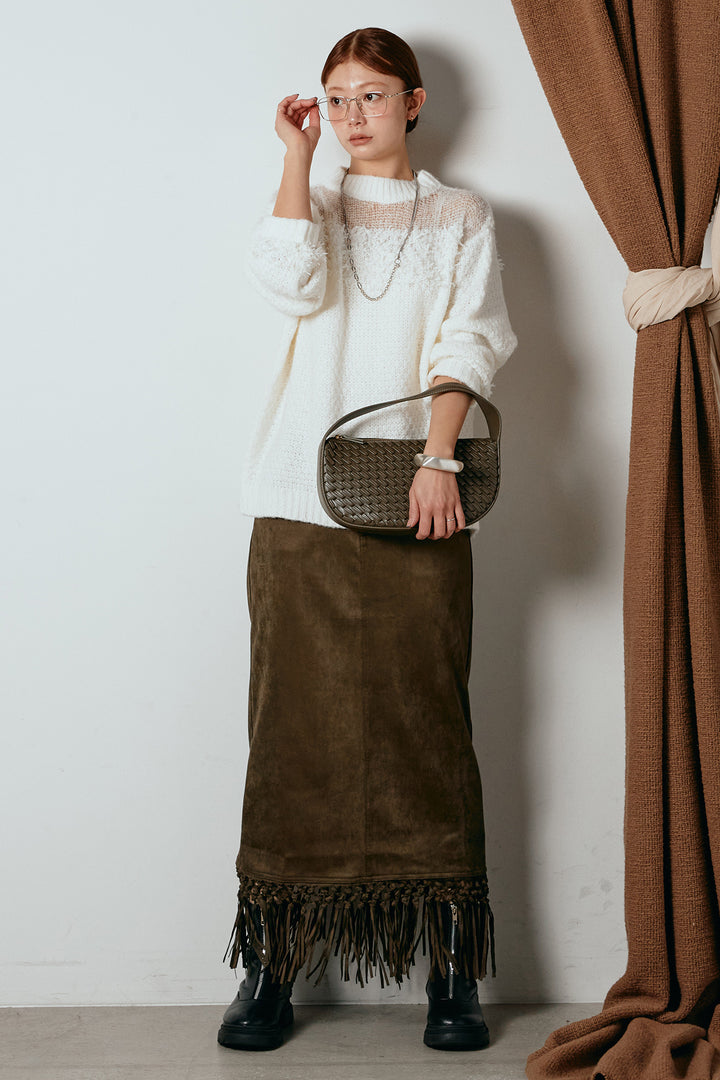 [SET]パターンランダム編みニットトップス+スウェードライク裾フリンジスカート(2set)