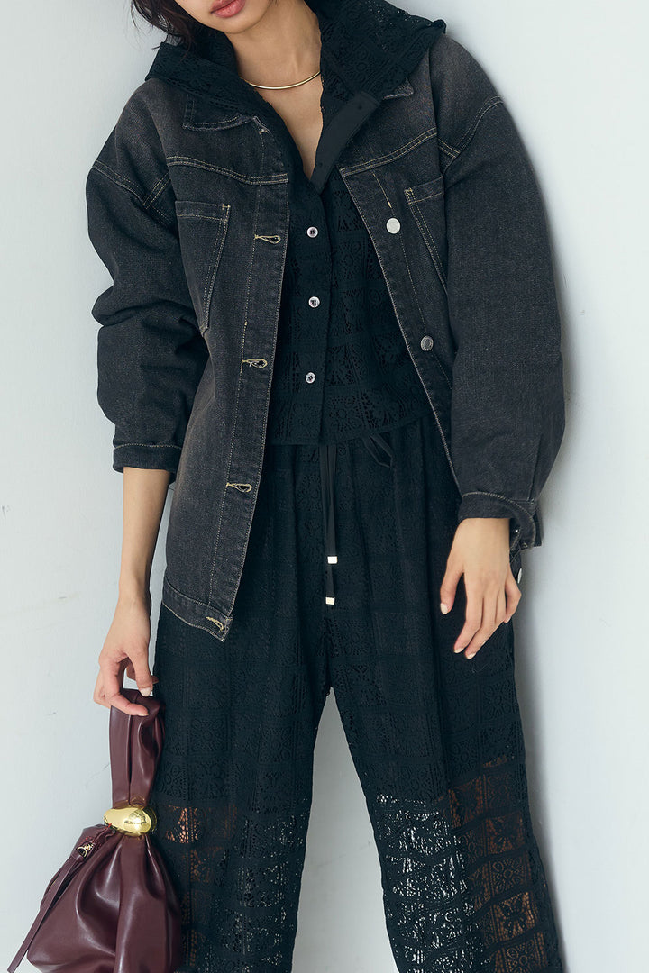 [SET]デニムオーバーサイズジャケット+パッチワークレースイージーパンツ+パッチワークレースショート丈フードシャツ(3set)