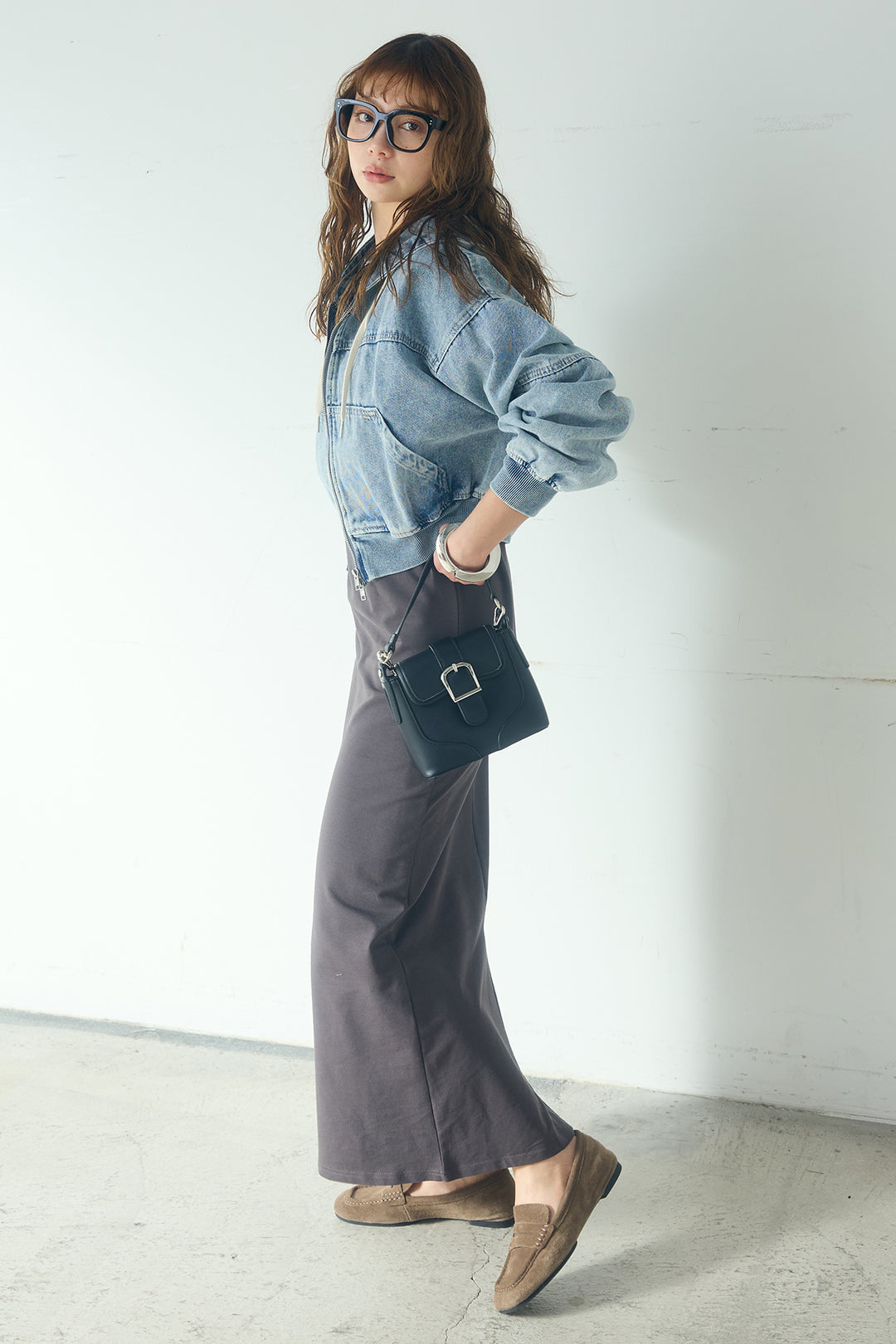 [SET]デニムダブルジップパーカーブルゾン+レイヤード見えヘンリーネックロングワンピース(2set)