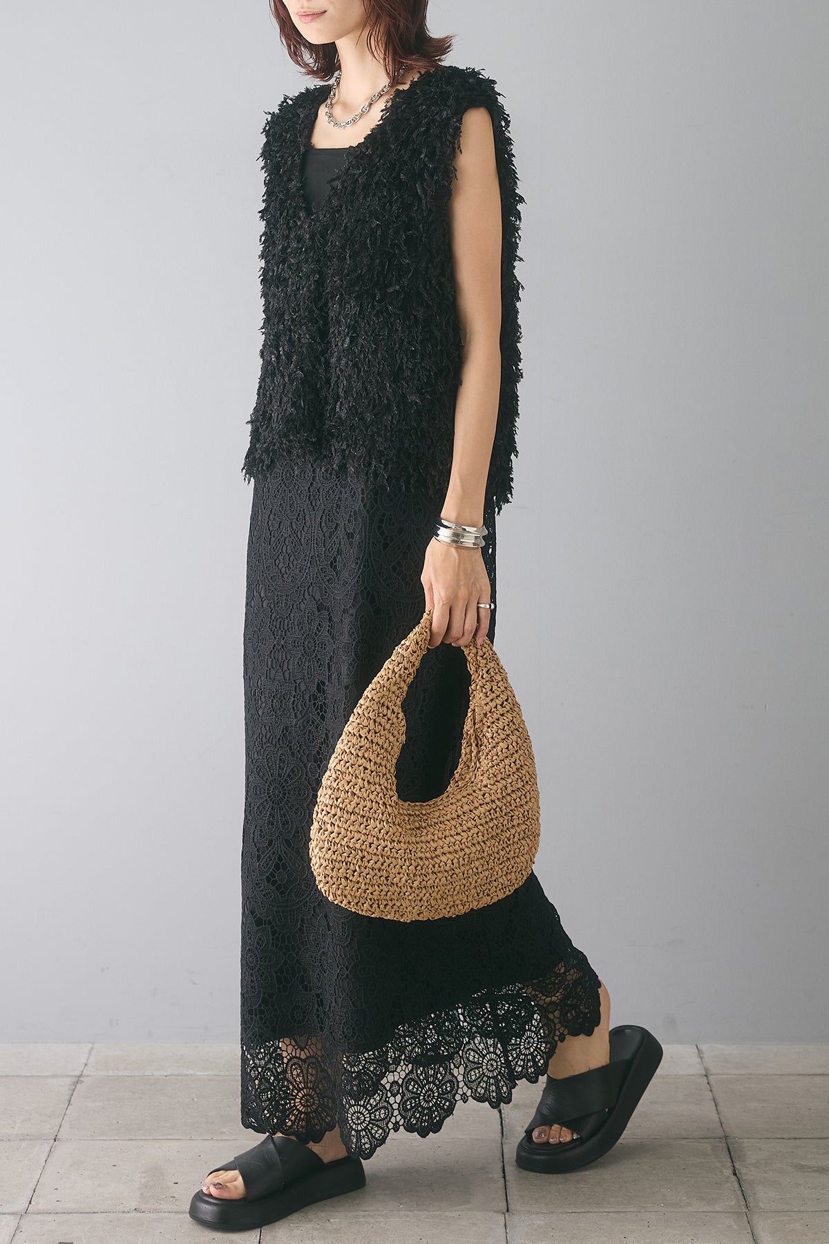 [新品]クロシェ編みノースリーブワンピース+ポンチタックベスト(2SET) onepiece-02078 ノースリーブバックタック ワンピース ベージュ