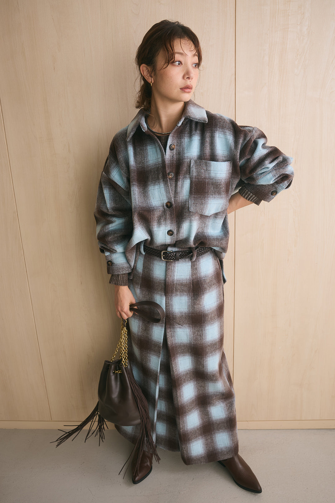 [SET]起毛チェック柄シャツジャケット+起毛チェック柄ボックスタックスカート(2set)