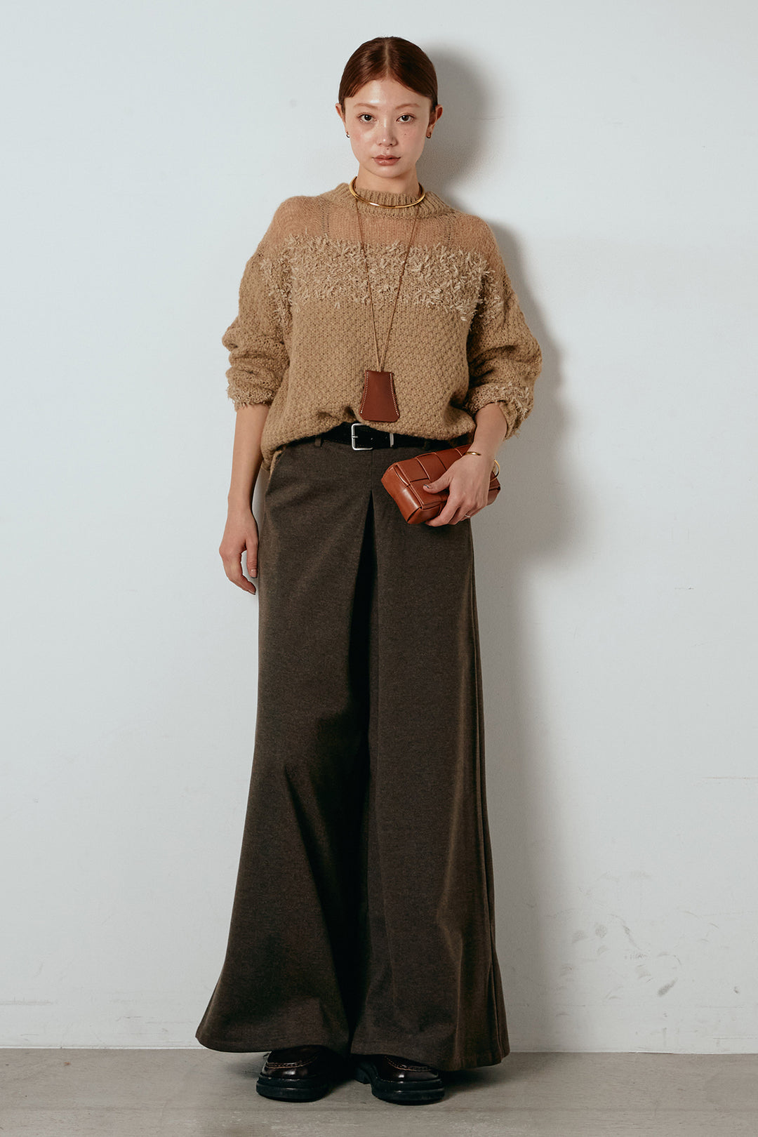 [SET]パターンランダム編みニットトップス+ベルト付きフロントタックデザインパンツ(2set)