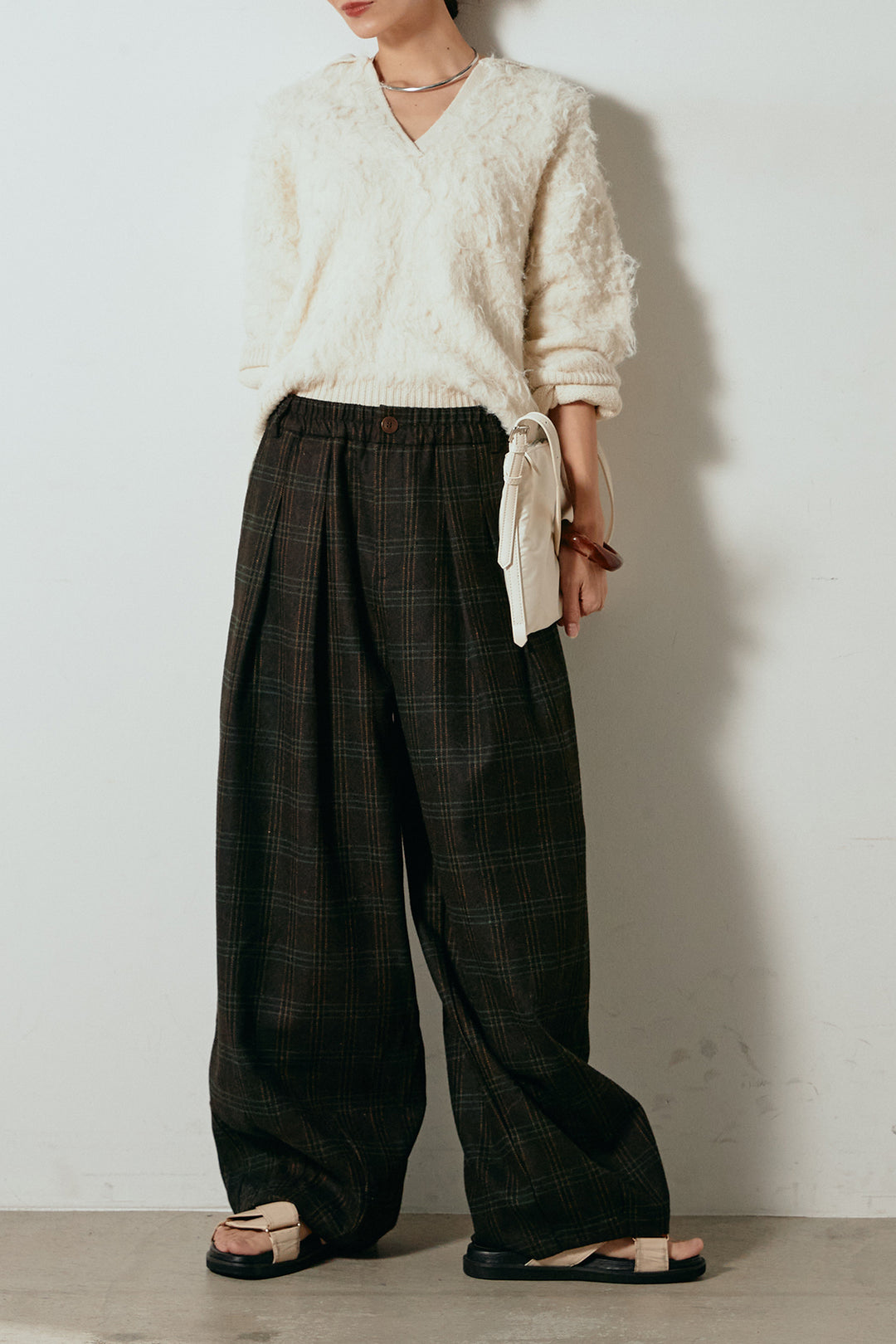 [SET]襟付きシャギーニットポロトップス+タータンチェック柄タックパンツ(2set)