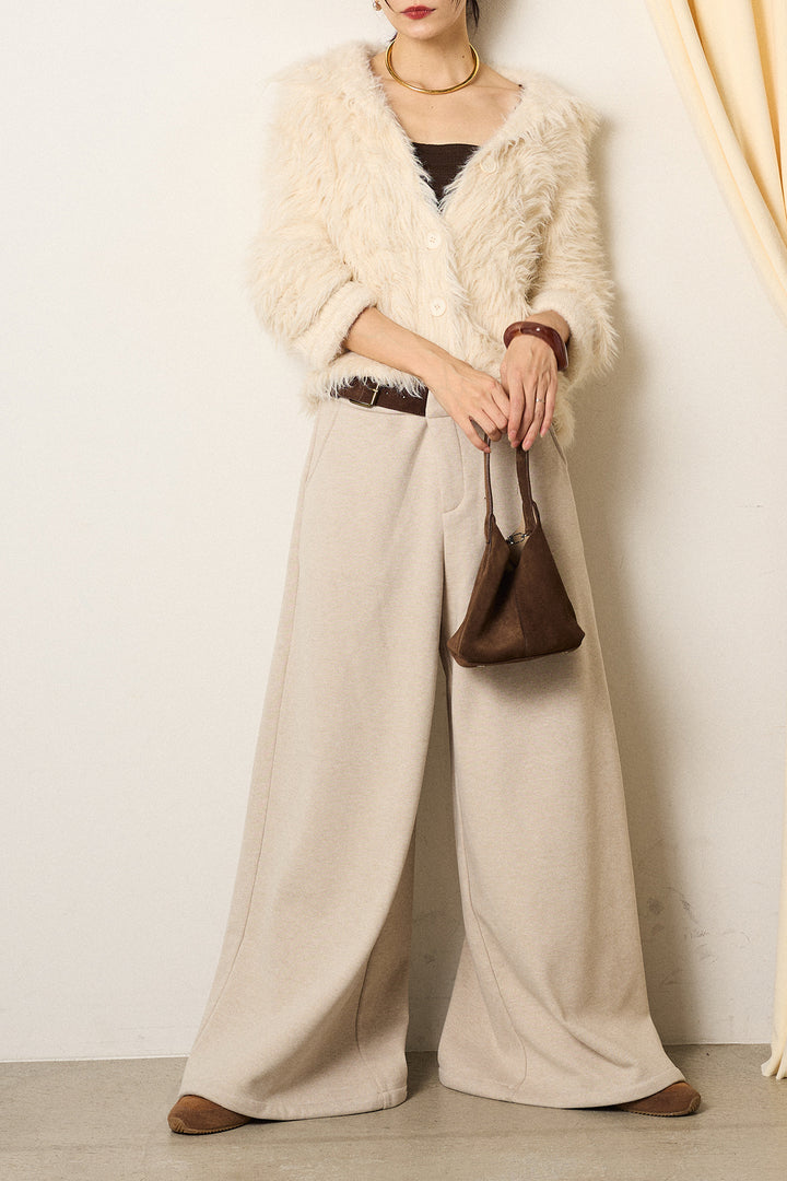 [SET]襟付きシャギーニットカーディガン+サイドベルトパンツ(2set)