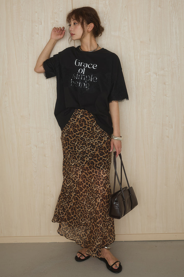 [SET]レースロゴプリントTシャツ+レオパード柄スカート(2set)