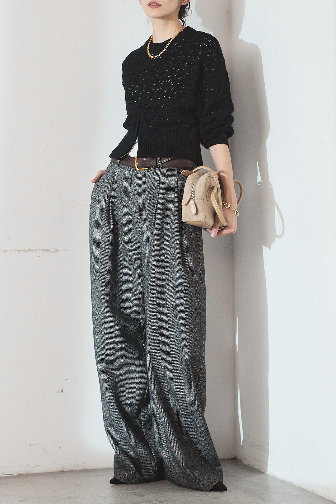 [SET]透かし編みニットジップスリットプルオーバー+タックツイードワイドパンツ(2set)