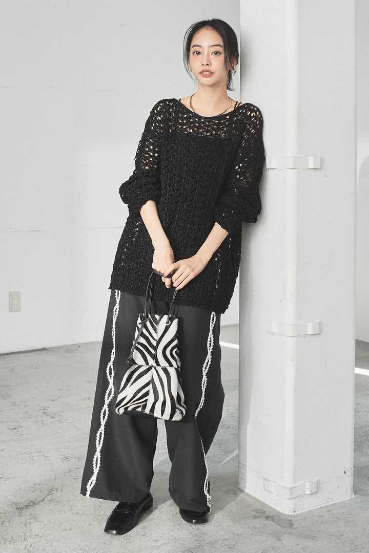 [SET]リラックスメッシュニットトップス+刺繡テープラインパンツ(2set)