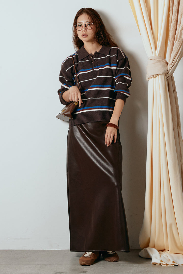 [SET]襟付きマルチボーダーニットポロトップス+紐付きフェイクレザーワイドスカート(2set)