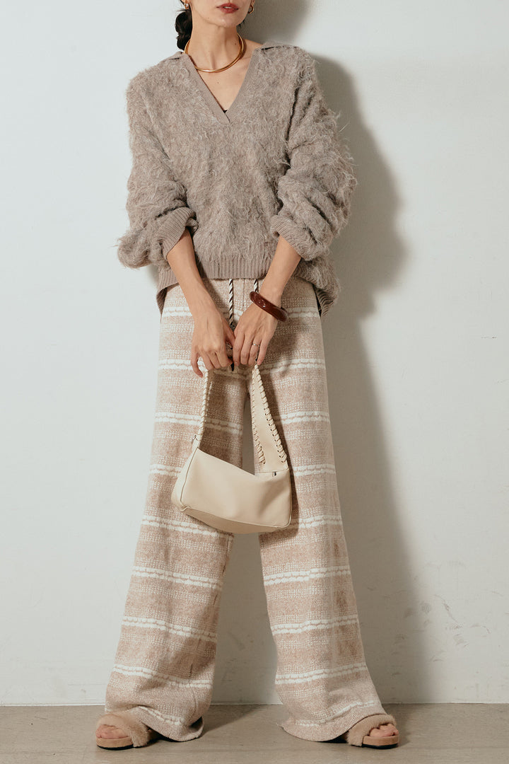 [SET]襟付きシャギーニットポロトップス+マルチライン柄リラックスニットパンツ(2set)