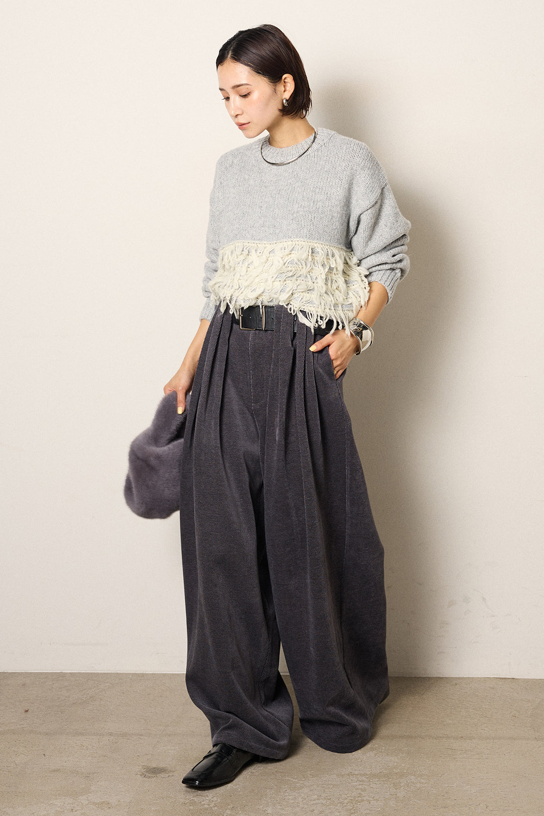 [SET]ループ編み切り替えニットプルオーバー+ベルトループコーデュロイワイドパンツ(2set)