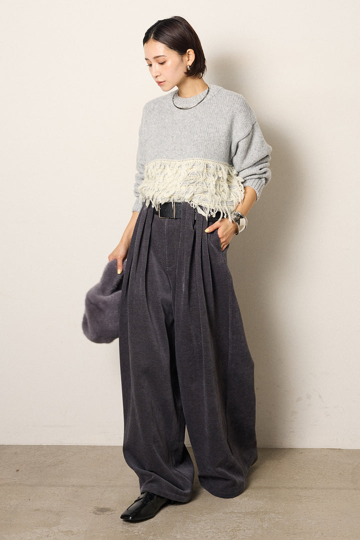 [SET]ループ編み切り替えニットプルオーバー+ベルトループコーデュロイワイドパンツ(2set)