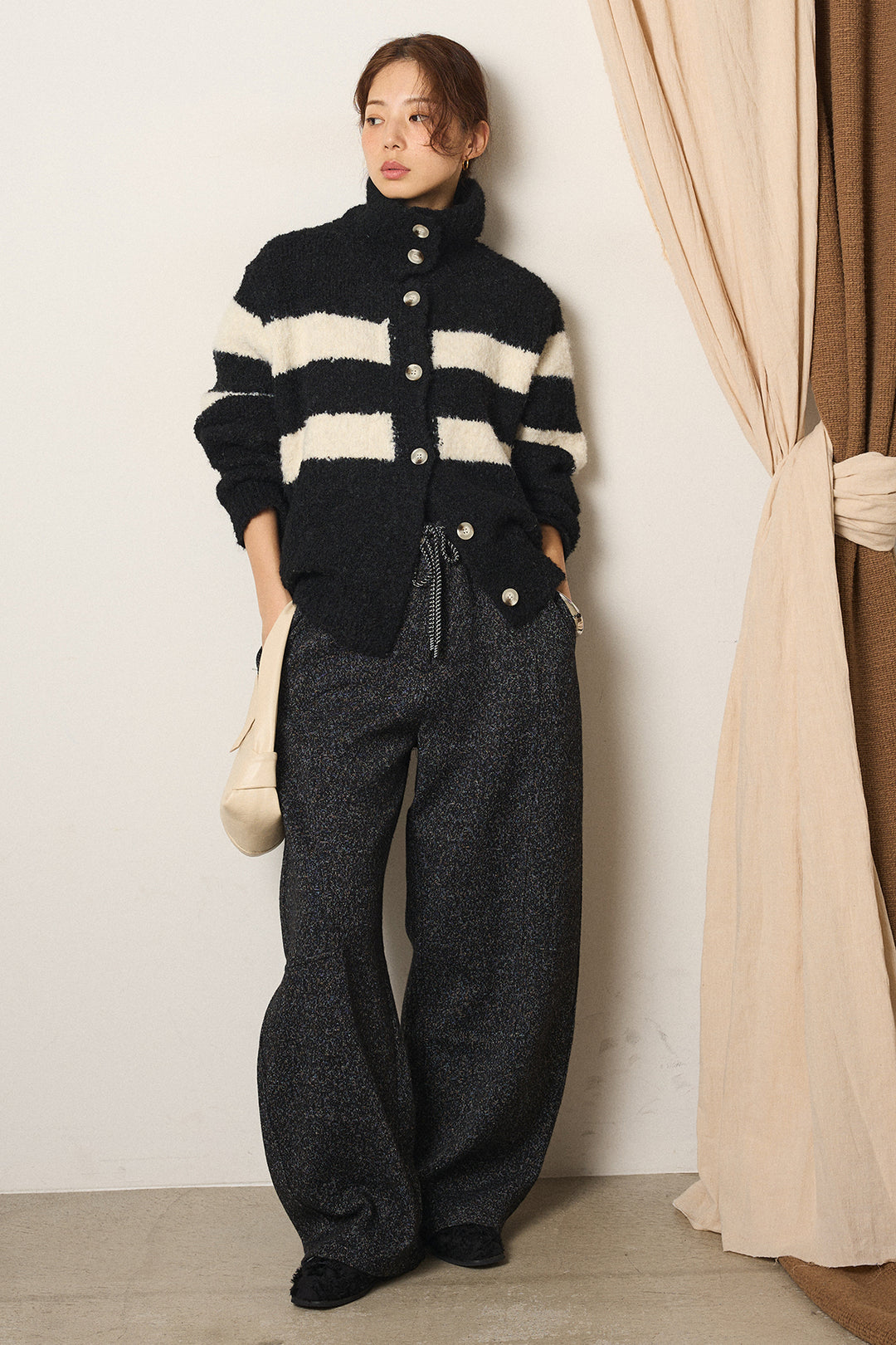 [SET]ハイネックボーダーニットカーディガン+杢ニットフレアパンツ(2set)