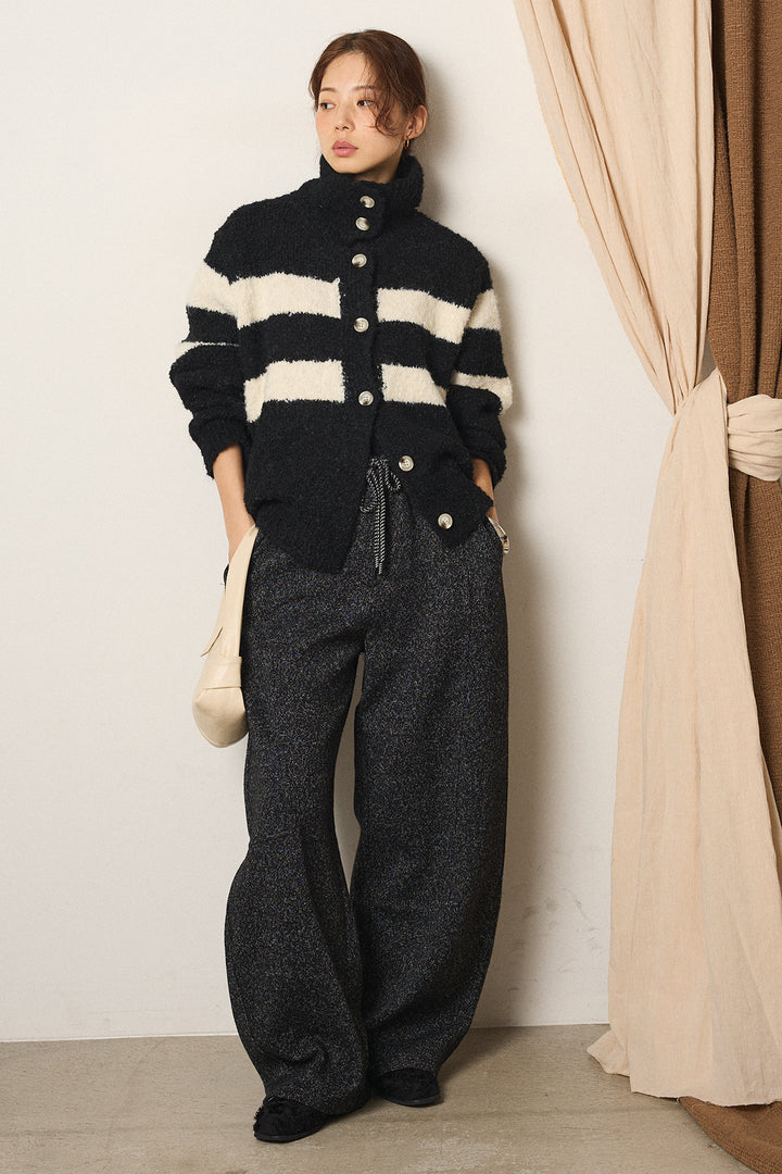 [SET]ハイネックボーダーニットカーディガン+杢ニットフレアパンツ(2set)