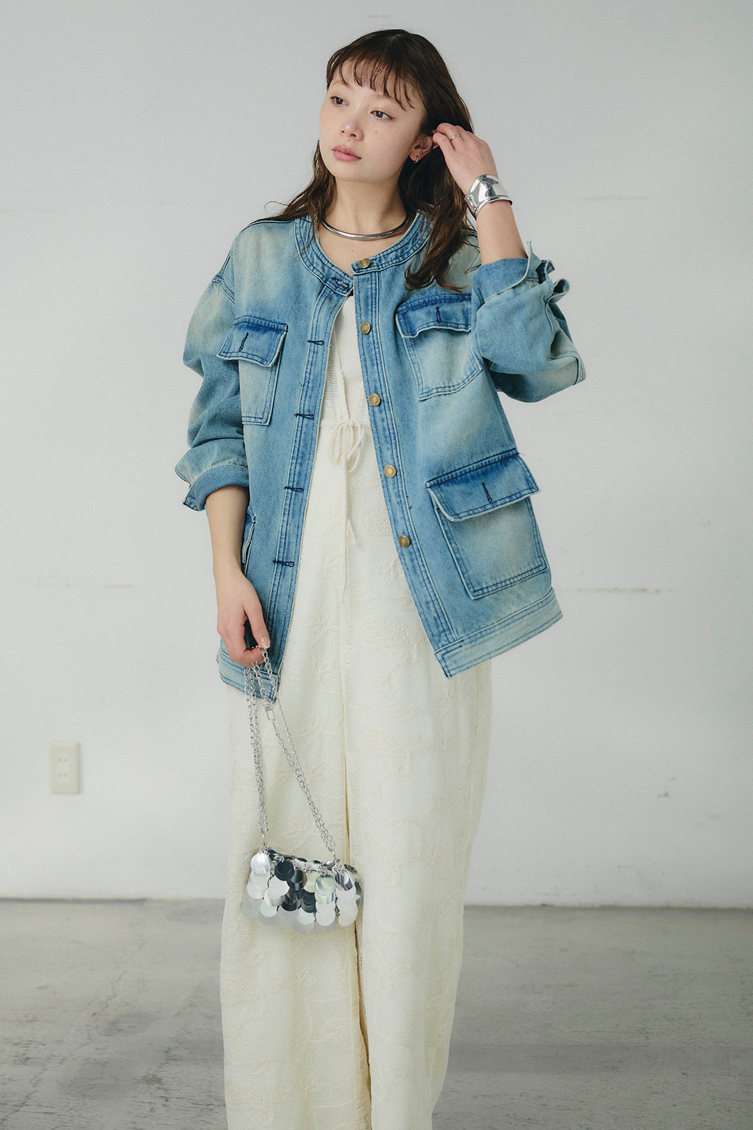 [SET]ノーカラーデニムポケットジャケット+レースサロペット(2set)