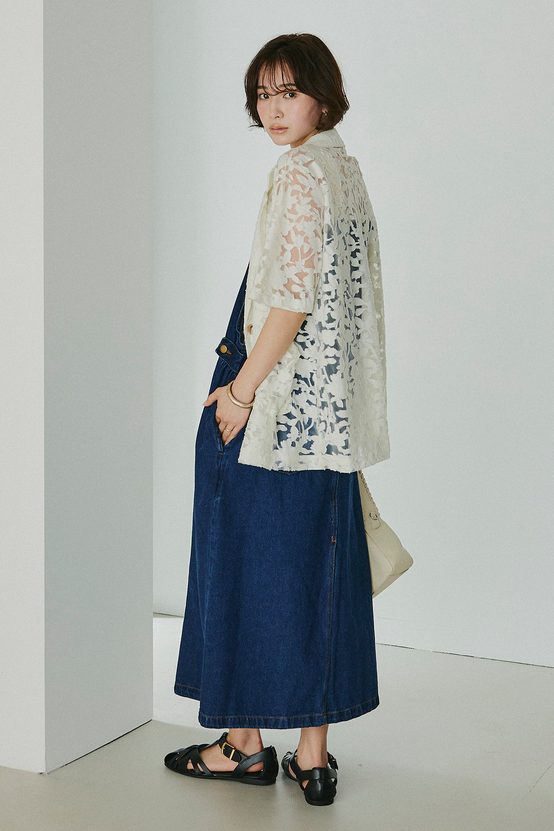 [SET]シアージャガードハーフスリーブテーラードジャケット+配色ショルダーデニムサロペットスカート(2set)