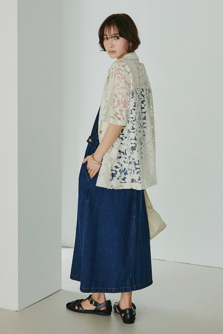 [SET]シアージャガードハーフスリーブテーラードジャケット+配色ショルダーデニムサロペットスカート(2set)