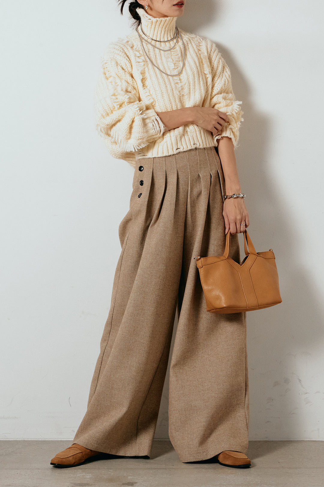 [SET]フリンジタートルショートニット+サイドボタンツイードタックパンツ(2set)