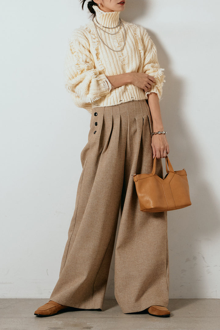 [SET]フリンジタートルショートニット+サイドボタンツイードタックパンツ(2set)