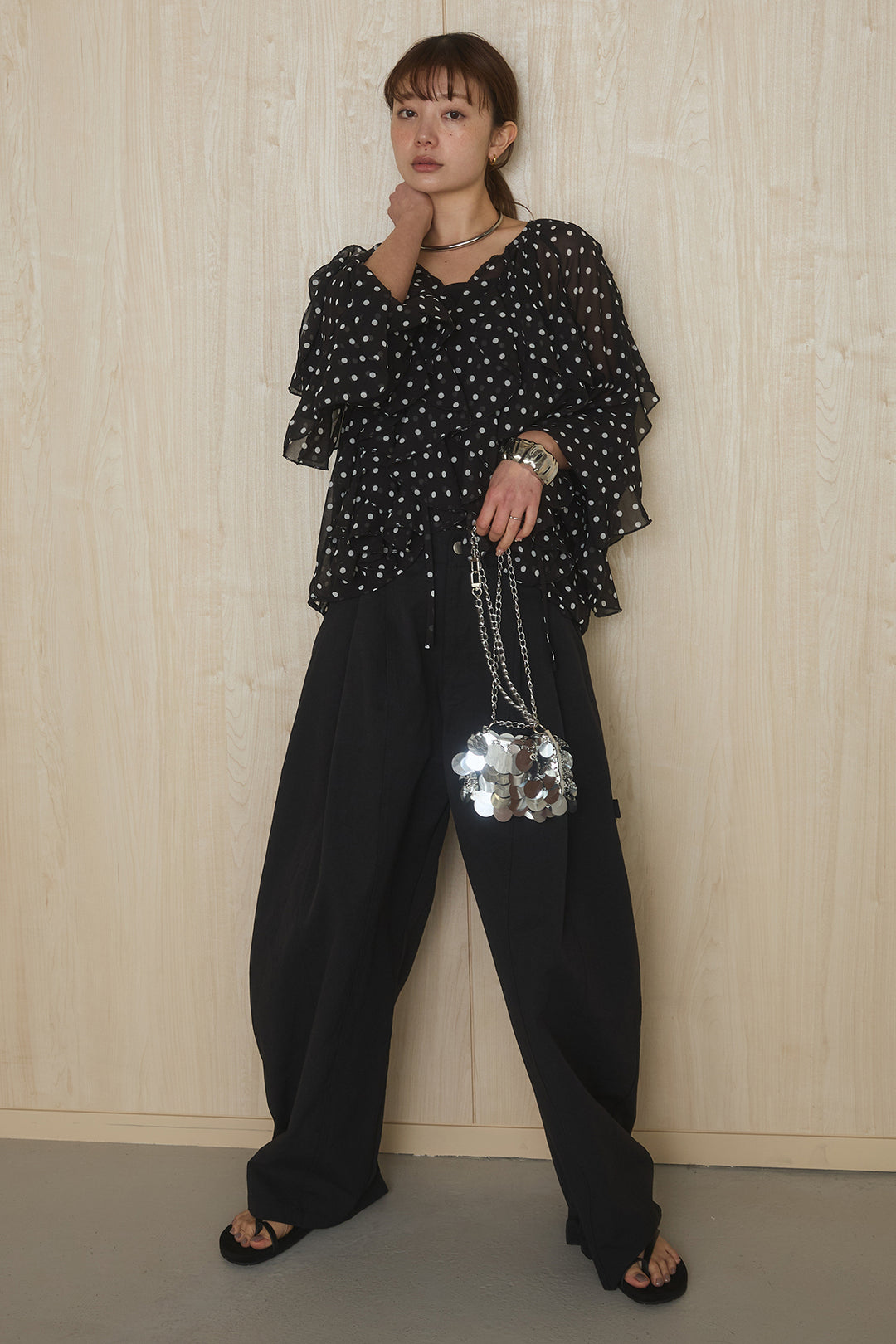 [SET]ドットフリル長袖ブラウス+コットンポリツータックセンターシームカーブパンツ(2set)