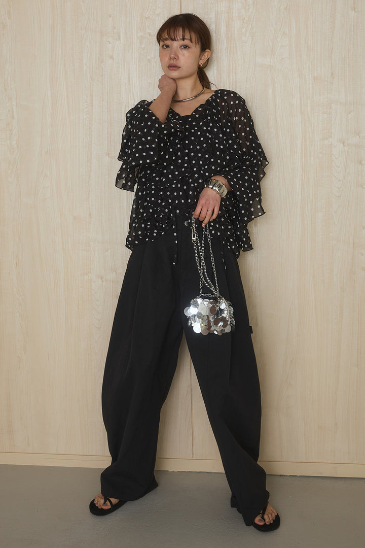 [SET]ドットフリル長袖ブラウス+コットンポリツータックセンターシームカーブパンツ(2set)