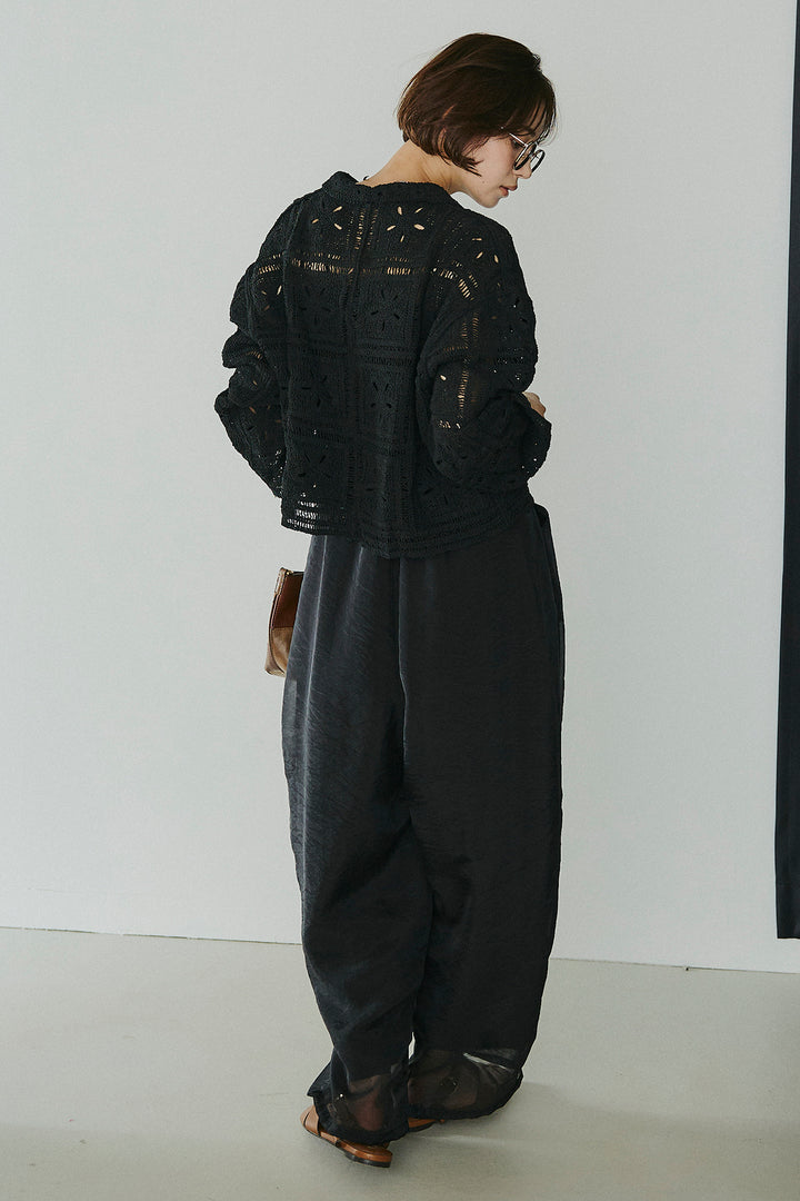 [SET]鍵編みフラワーレースカーディガン+オーガンジータックパンツ(2set)