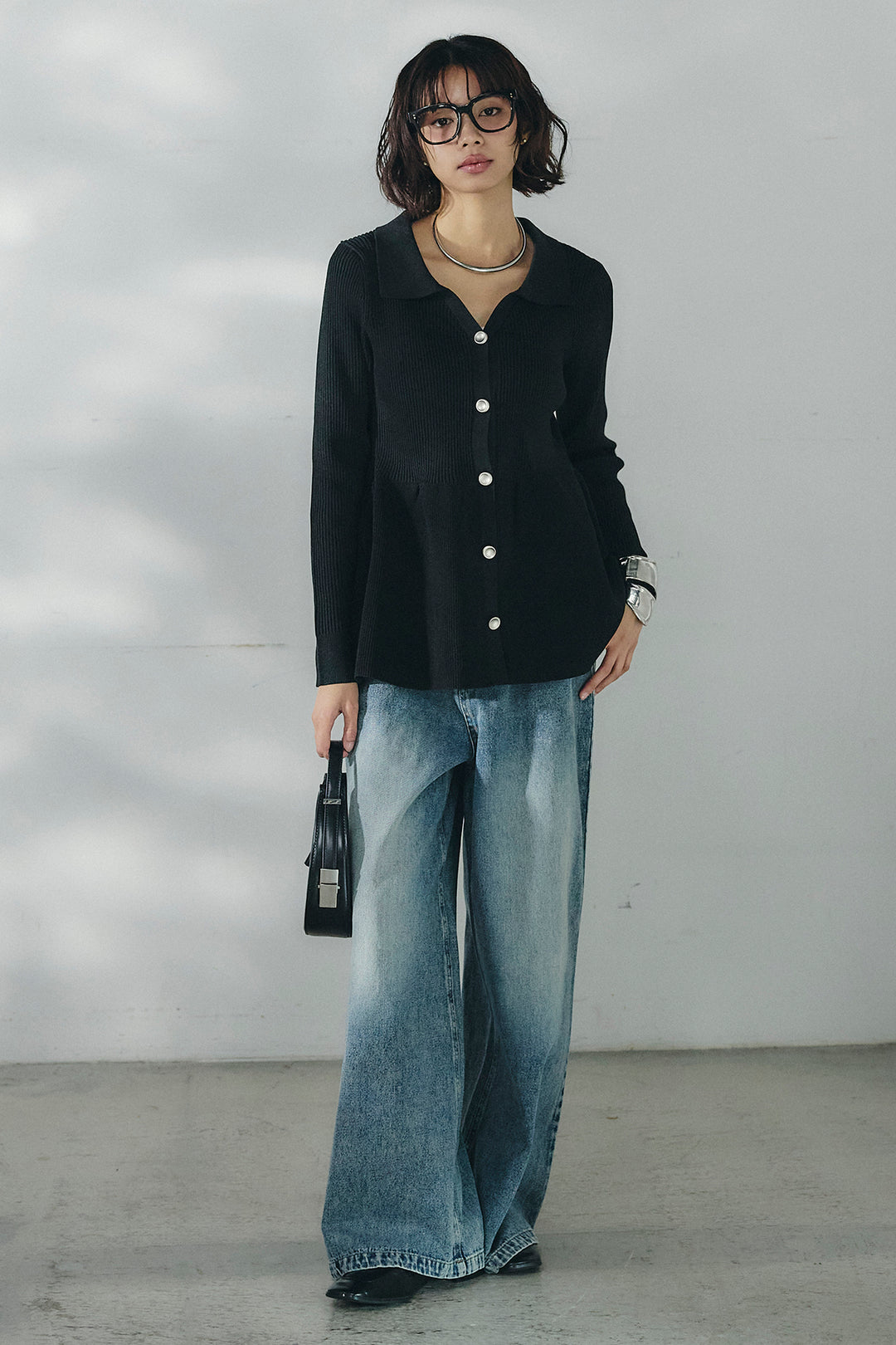 [SET]スキッパーペプラムニット+ウエスト裁ち切りデニムワイドパンツ(2set)