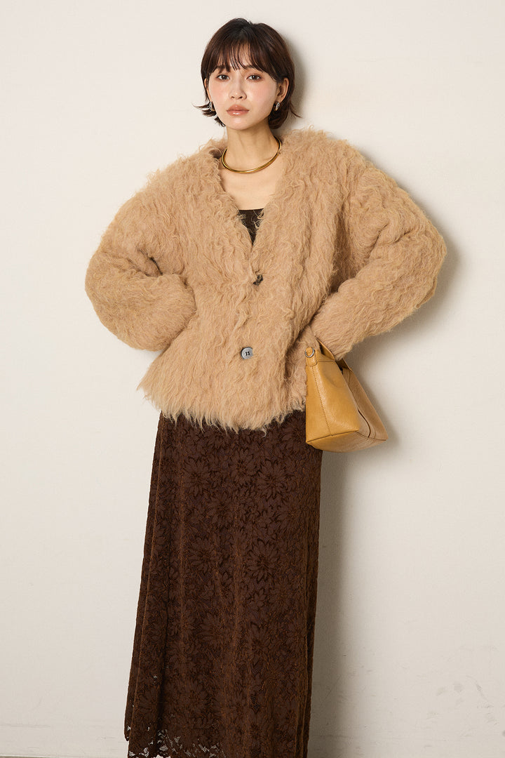 [SET]起毛シャギーニットカーディガン+花柄刺繍ベロアフレアスカート(2set)