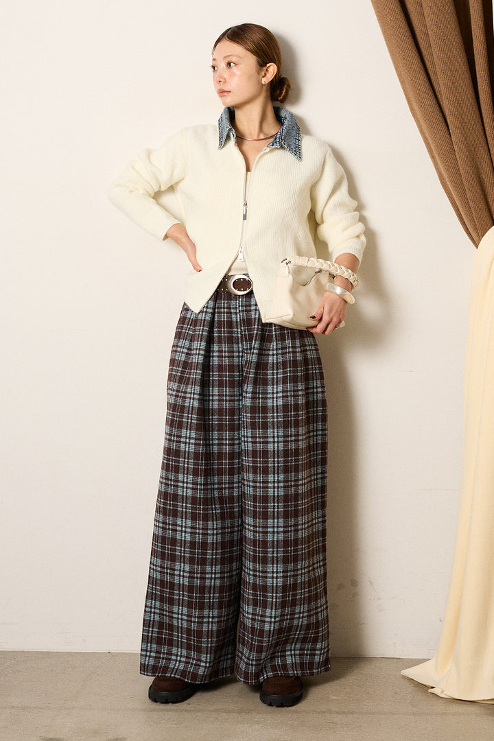 [SET]デニム襟ダブルジップニットトップス+スタッズデザインベルトタータンチェックパンツ(2set)