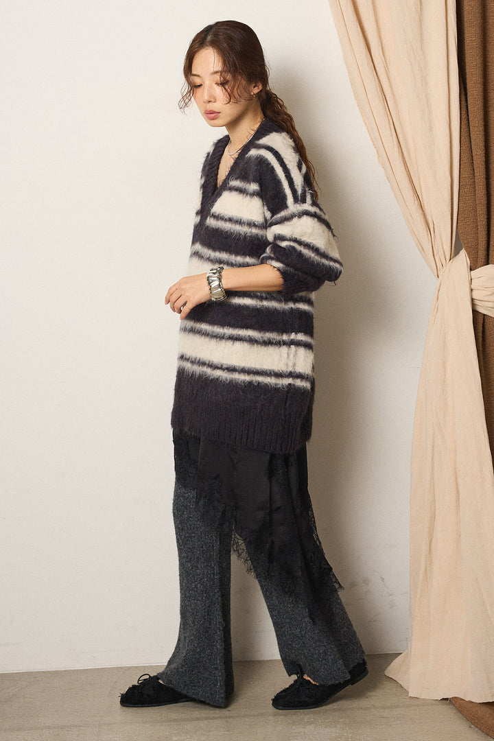 [SET]ルーズVネックボーダーニットトップス+レースドッキングサテンキャミソール+杢ニットリブフレアパンツ(3set)