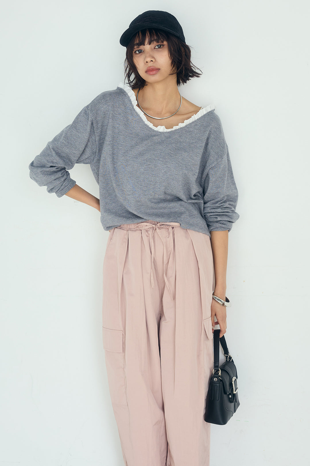 [SET]クールクール異素材コンビオフショルプルオーバー+撥水ジョガーパンツ(2set)