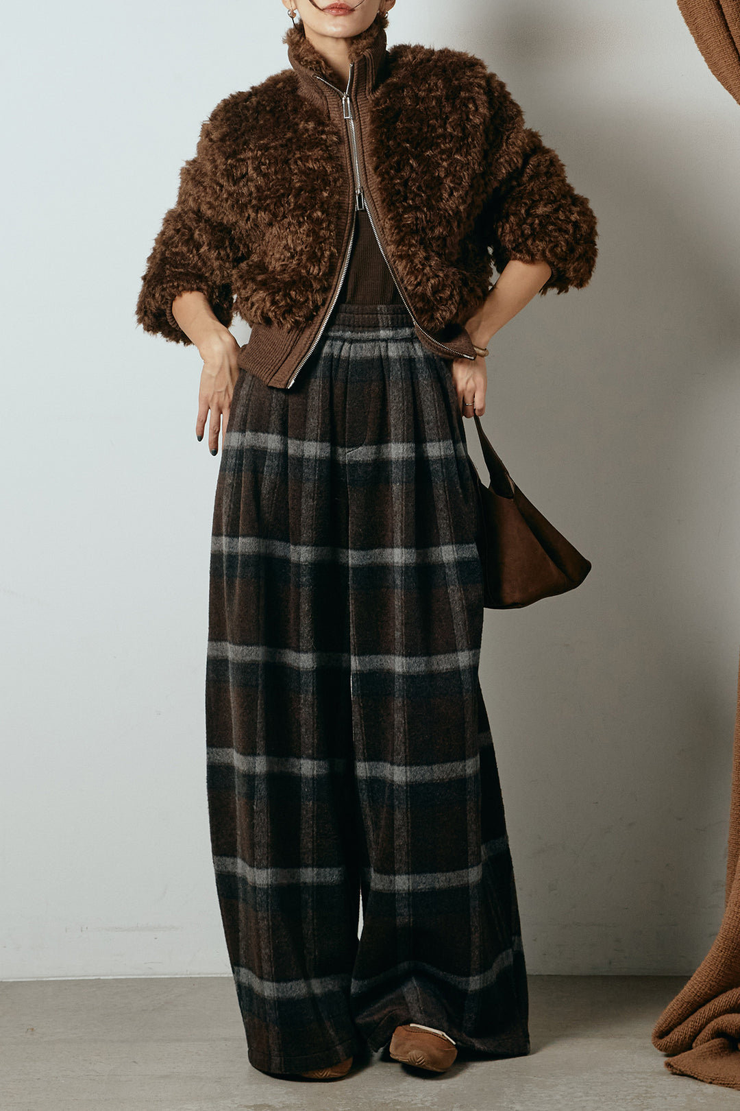 [SET]ハイネックショート丈ボアジップブルゾン+起毛タータンチェック柄ワイドパンツ(2set)