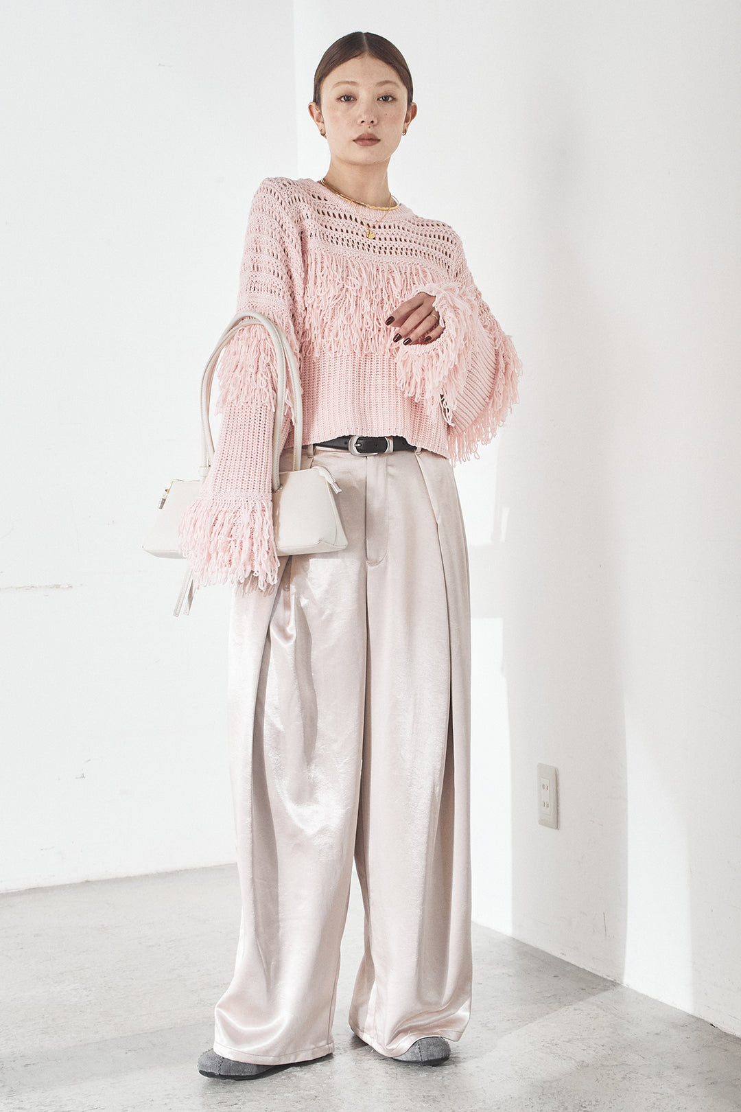 [SET]メッシュフリンジ切り替えプルオーバー+サテンタックワイドパンツ(2set)