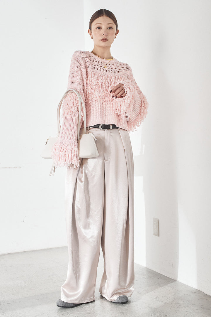 [SET]メッシュフリンジ切り替えプルオーバー+サテンタックワイドパンツ(2set)