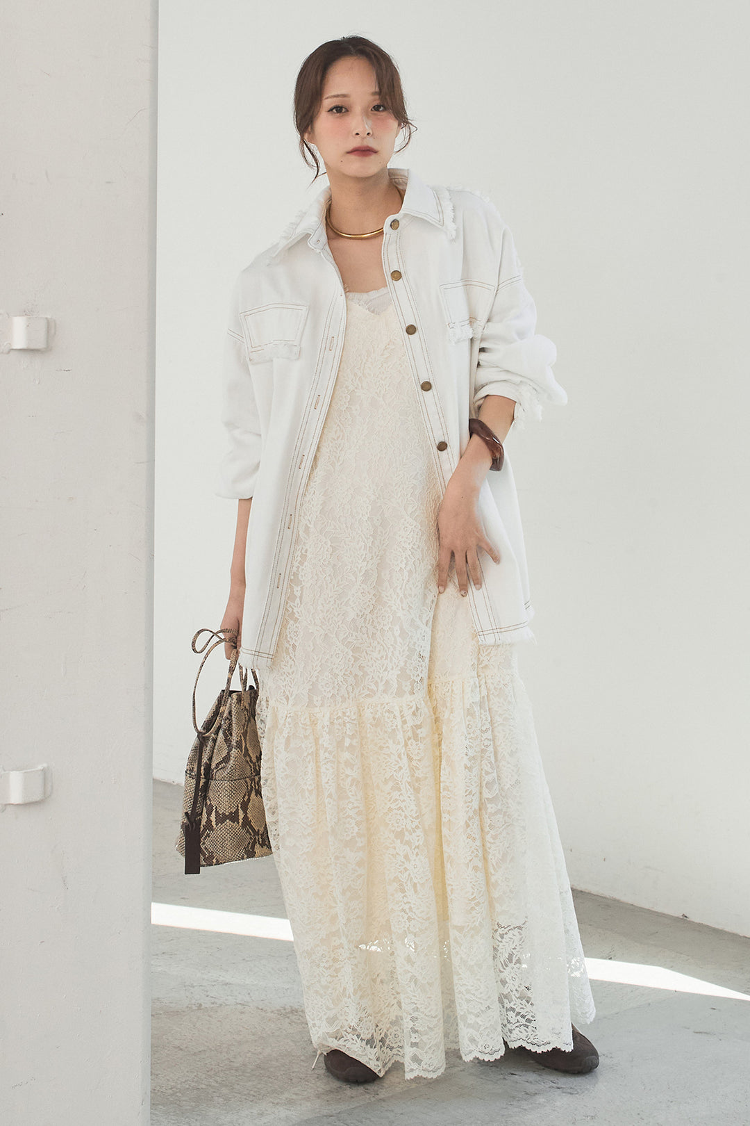 [SET]フリンジデニムジャケット+レース刺繍フレアキャミワンピース(2set)