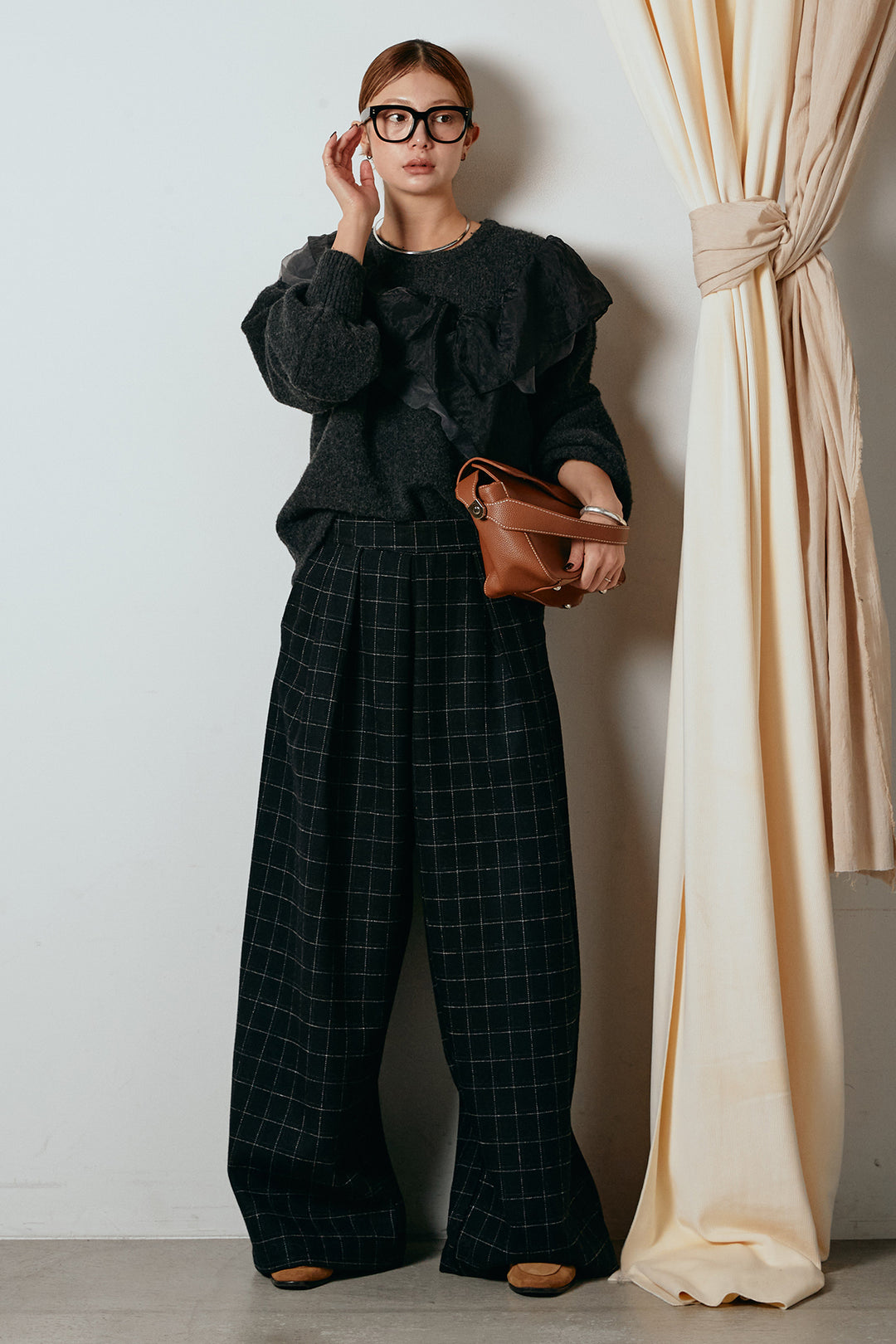 [SET]アシンメトリーフリルニットトップス+ウールライクチェックタックパンツ(2set)