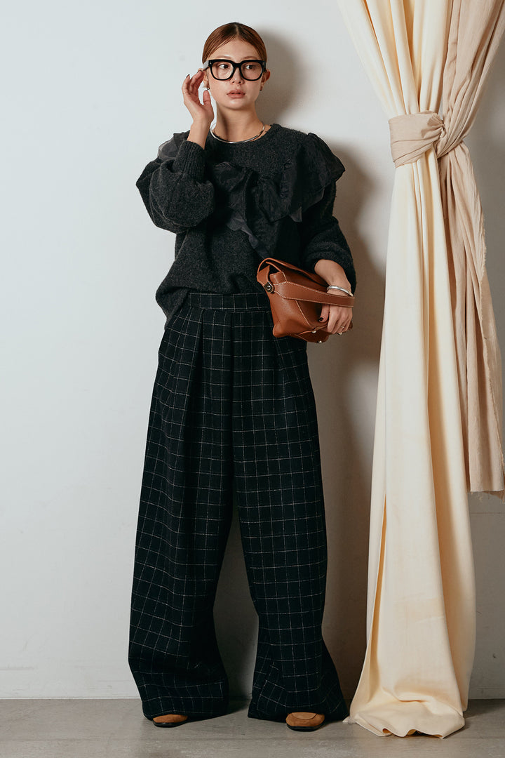 [SET]アシンメトリーフリルニットトップス+ウールライクチェックタックパンツ(2set)