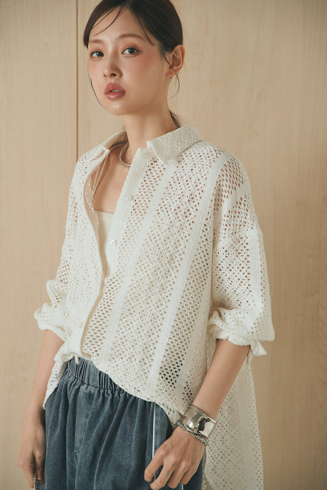 [SET]長袖襟付きレースシャツ+ドロストサイドラインデニムパンツ(2set)