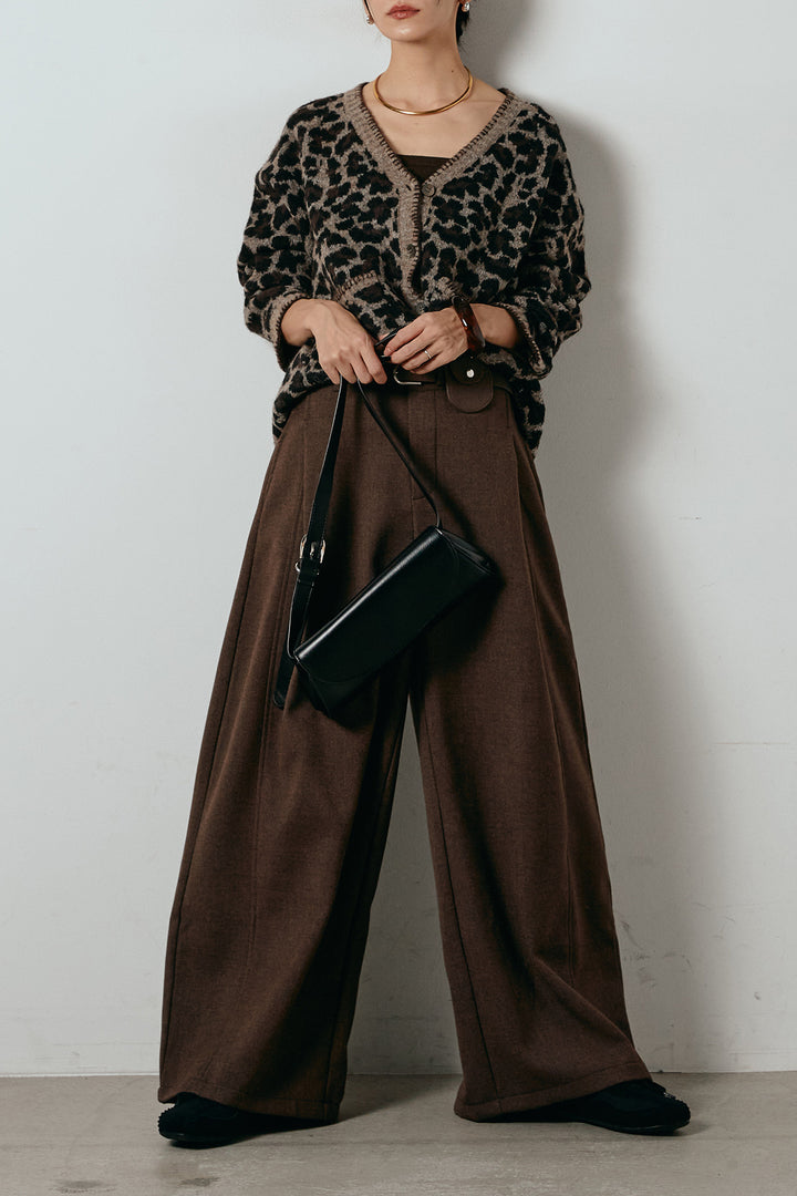 [SET]ステッチデザインレオパードニットカーディガン+ポーチベルト付きカーブパンツ(2set)