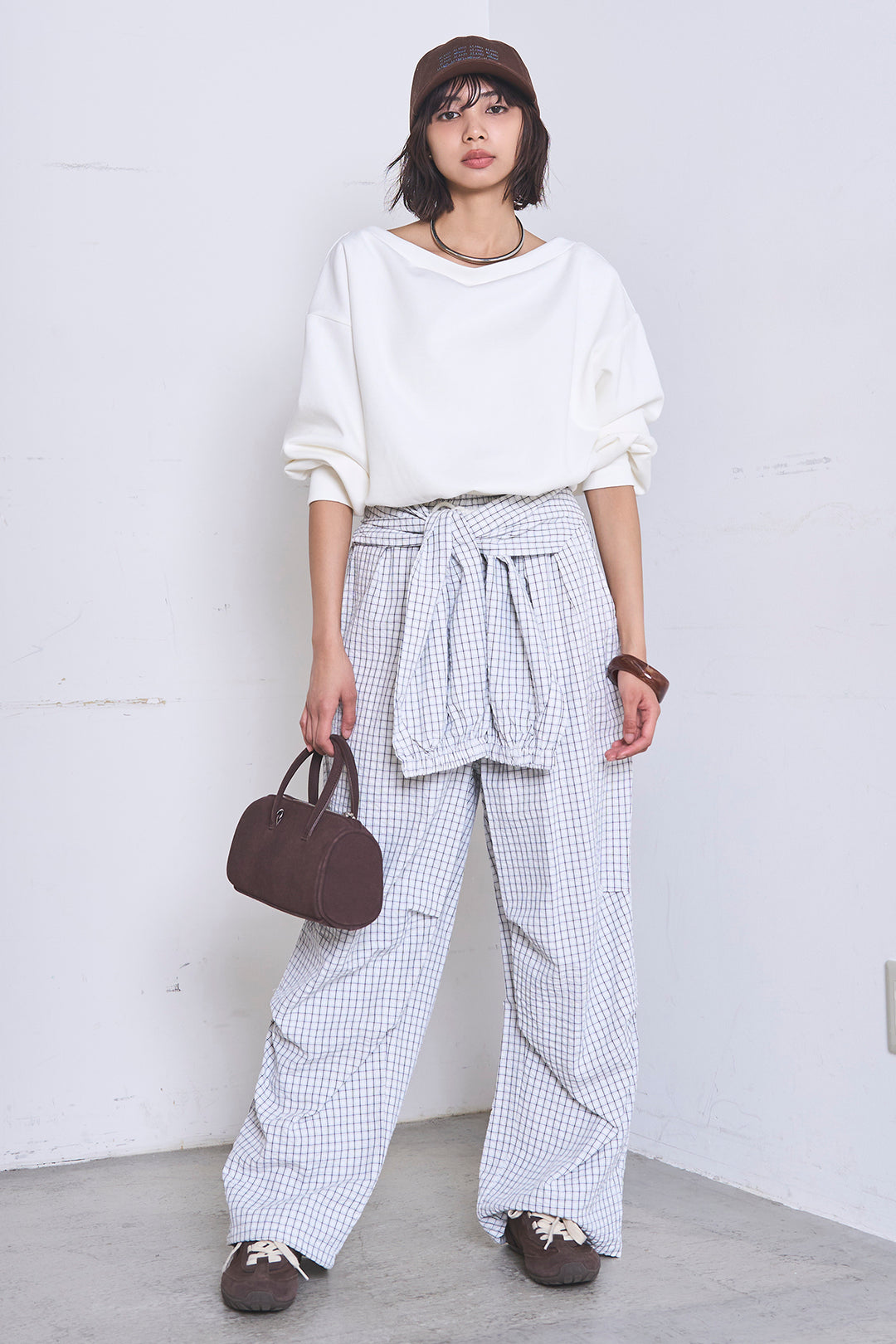 [SET]ワンショルスウェットプルオーバー+チェックウエスト巻きジョガーパンツ(2set)